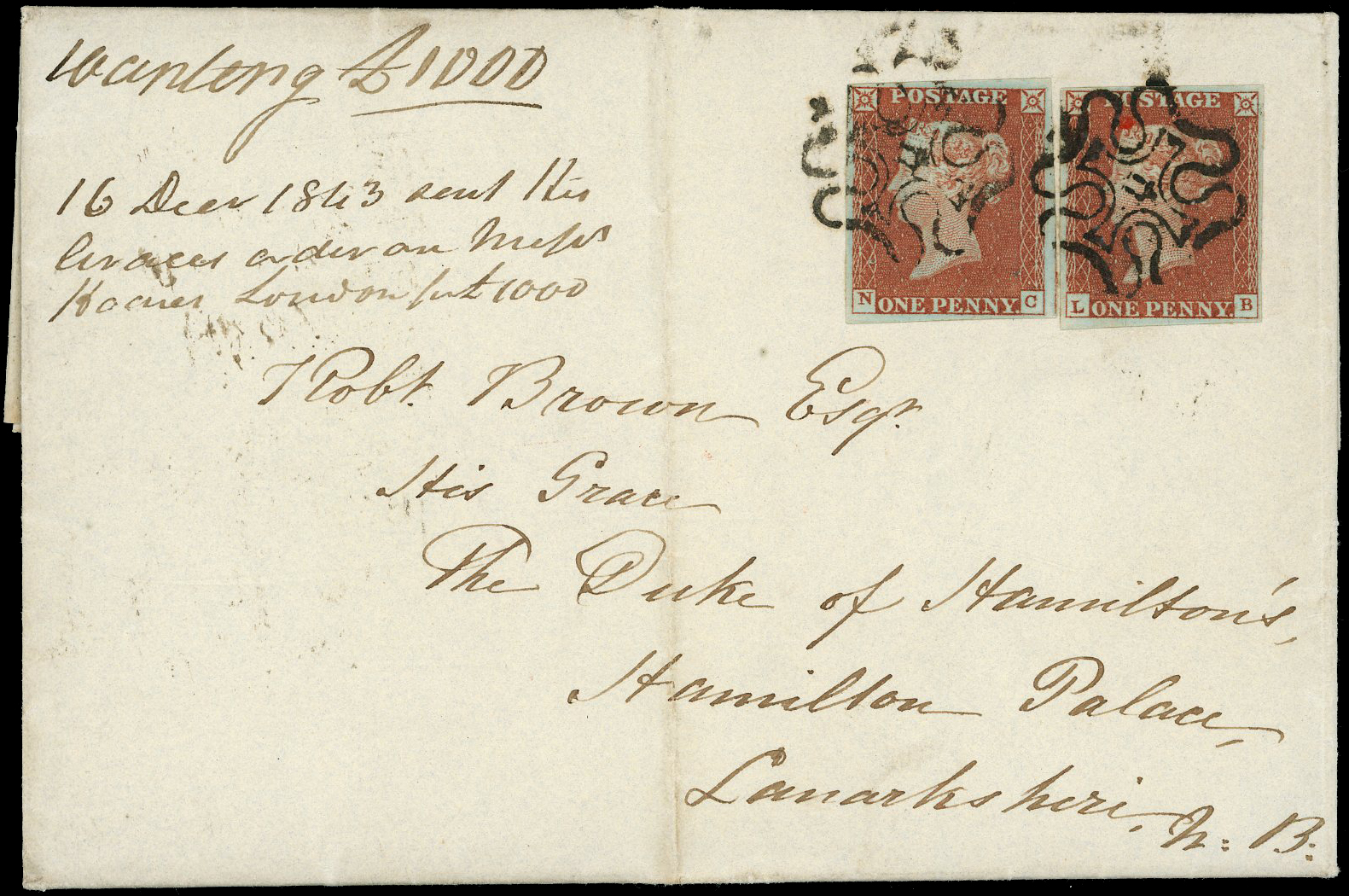 1843 Entire letter bearing two 1841 1d Red-brown (NC & LB) each tied by London No.11. MC's