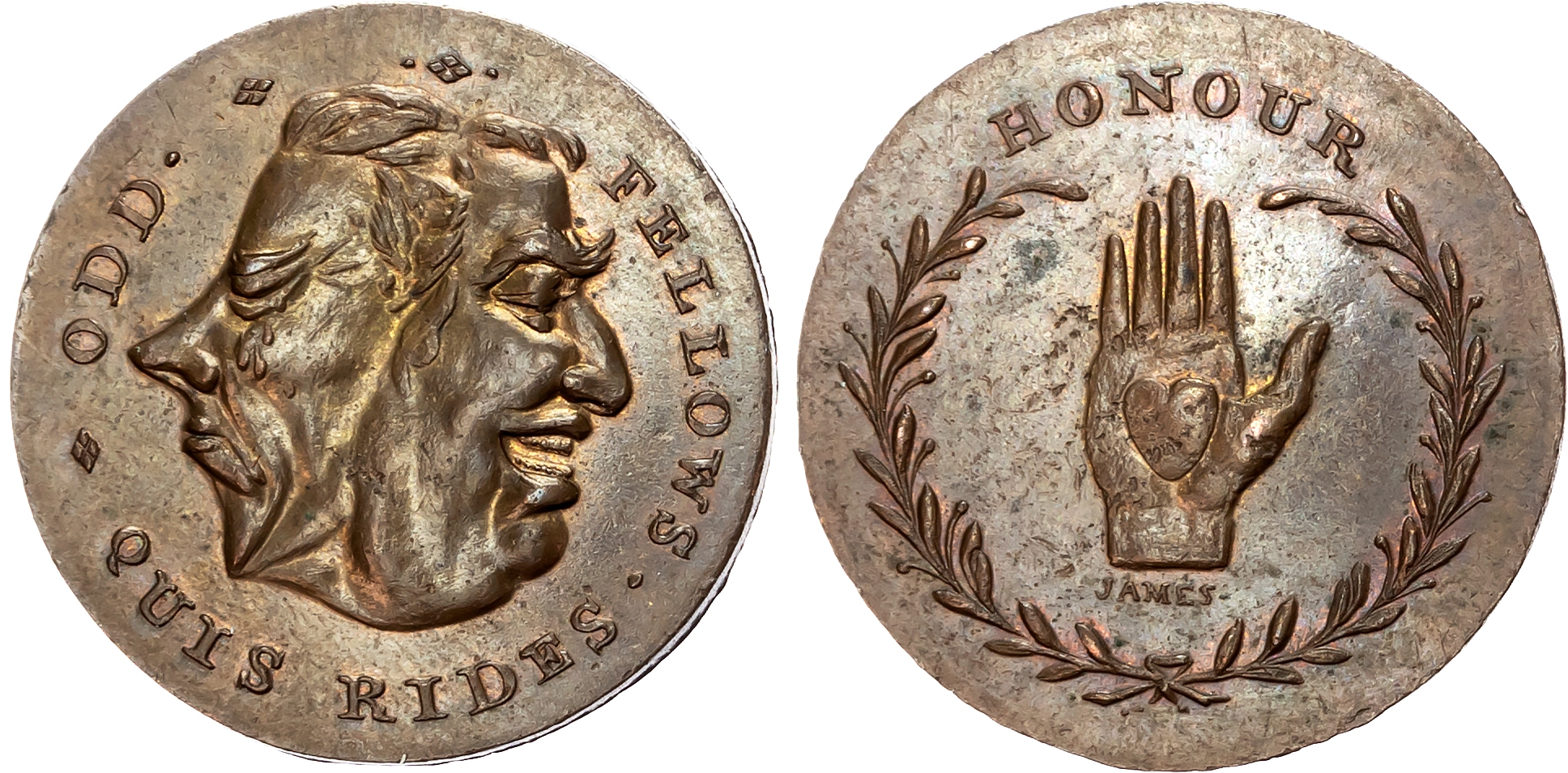 London, High Holborn, Thomas Spence Halfpenny, Head of George III conjoined with that of an ass ODD FELLOWS, rev. Heart …