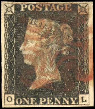 GB 1840 1d black Plate 1A (OL) four margins, central red-brown Maltese Cross SG 2
