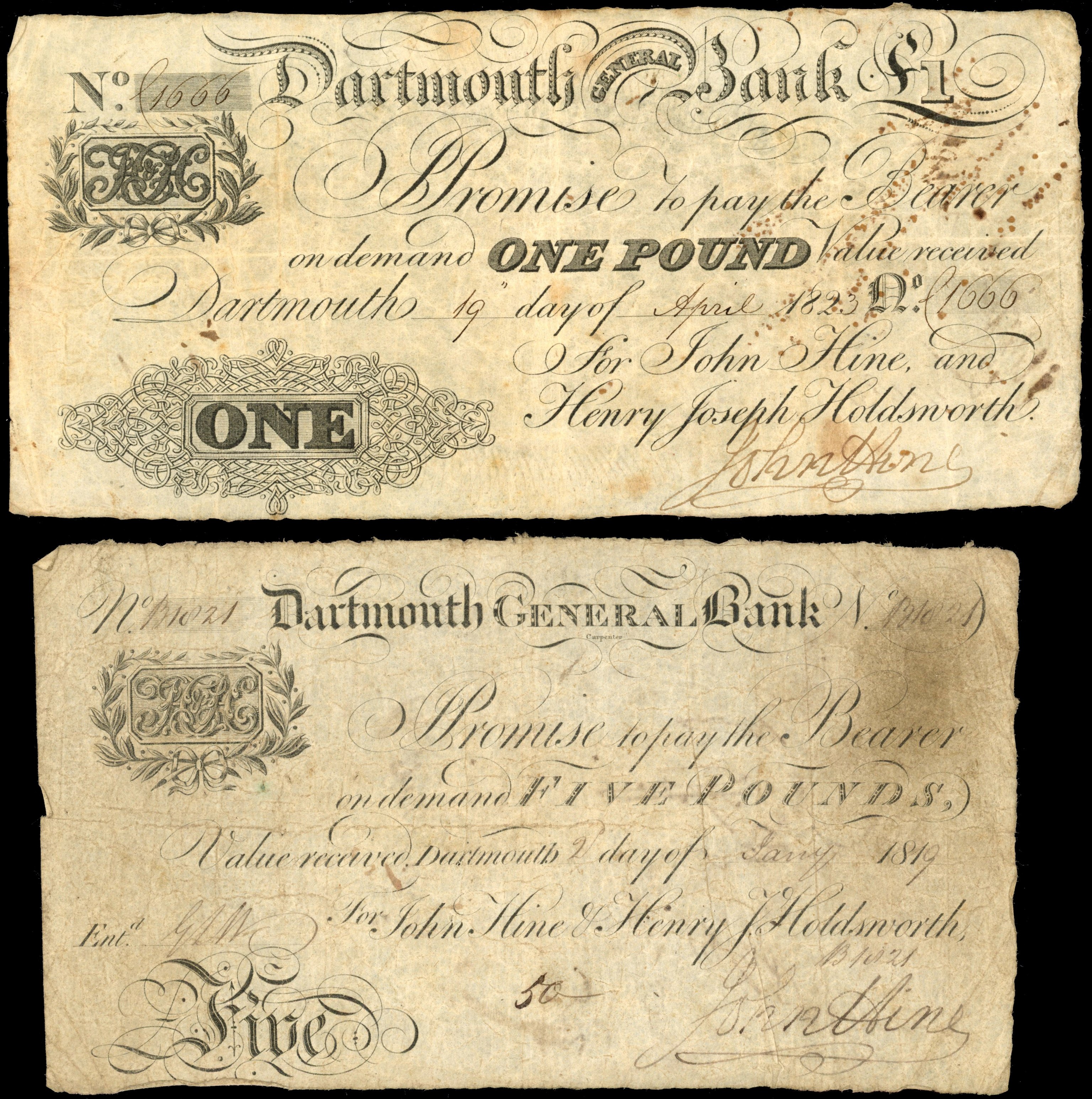 DARTMOUTH, Dartmouth General Bank, for John Hine and Henry Joseph Holdsworth, £1.,and £5.,19 April 1823 and 2 …