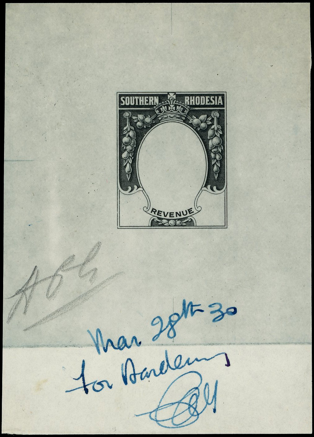 Southern Rhodesia Revenue 1930 (Mar 28th) master die proof in black of frame for the issue