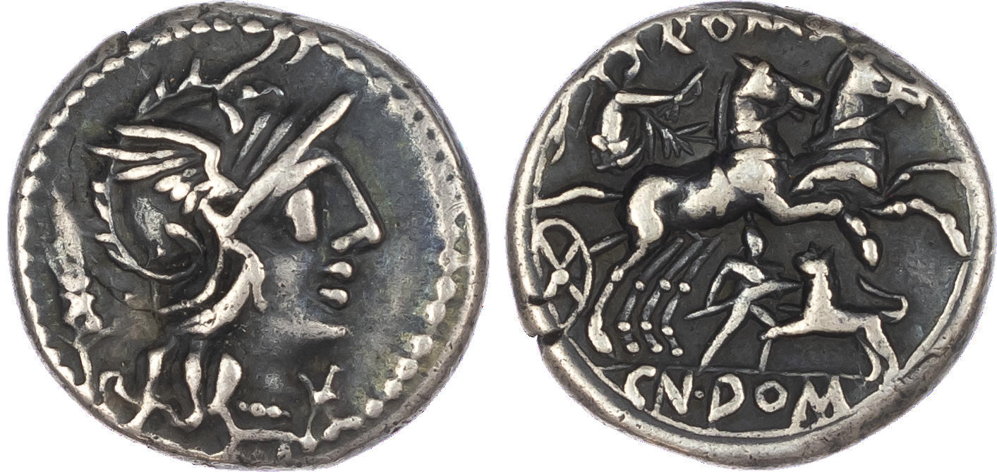 Cn. Domitius Ahenobarbus (128 BC) AR Denarius, Rome, 3.84g. Helmeted head of Roma facing right, grain stalk behind, mark of