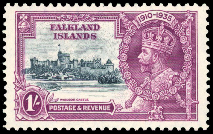 1935 1s. slate and purple, showing plate ‘2’, R.2/1 short extra flagstaff variety, fine o.g. SG 142b  