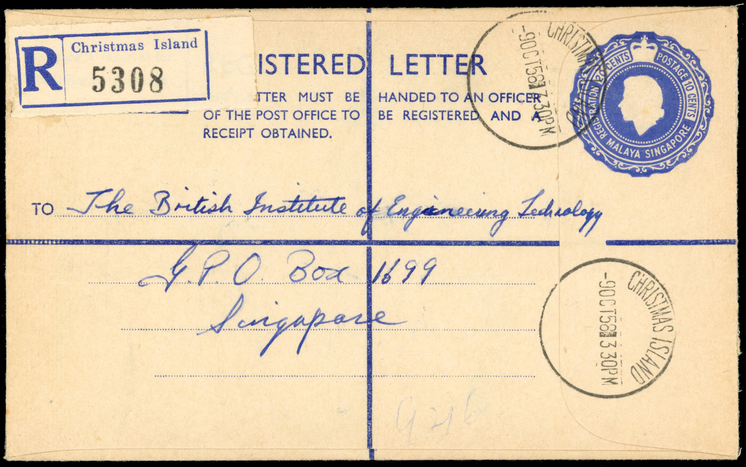 CHRISTMAS ISLAND: 1958 Malaya-Singapore 10c registered stationery envelope