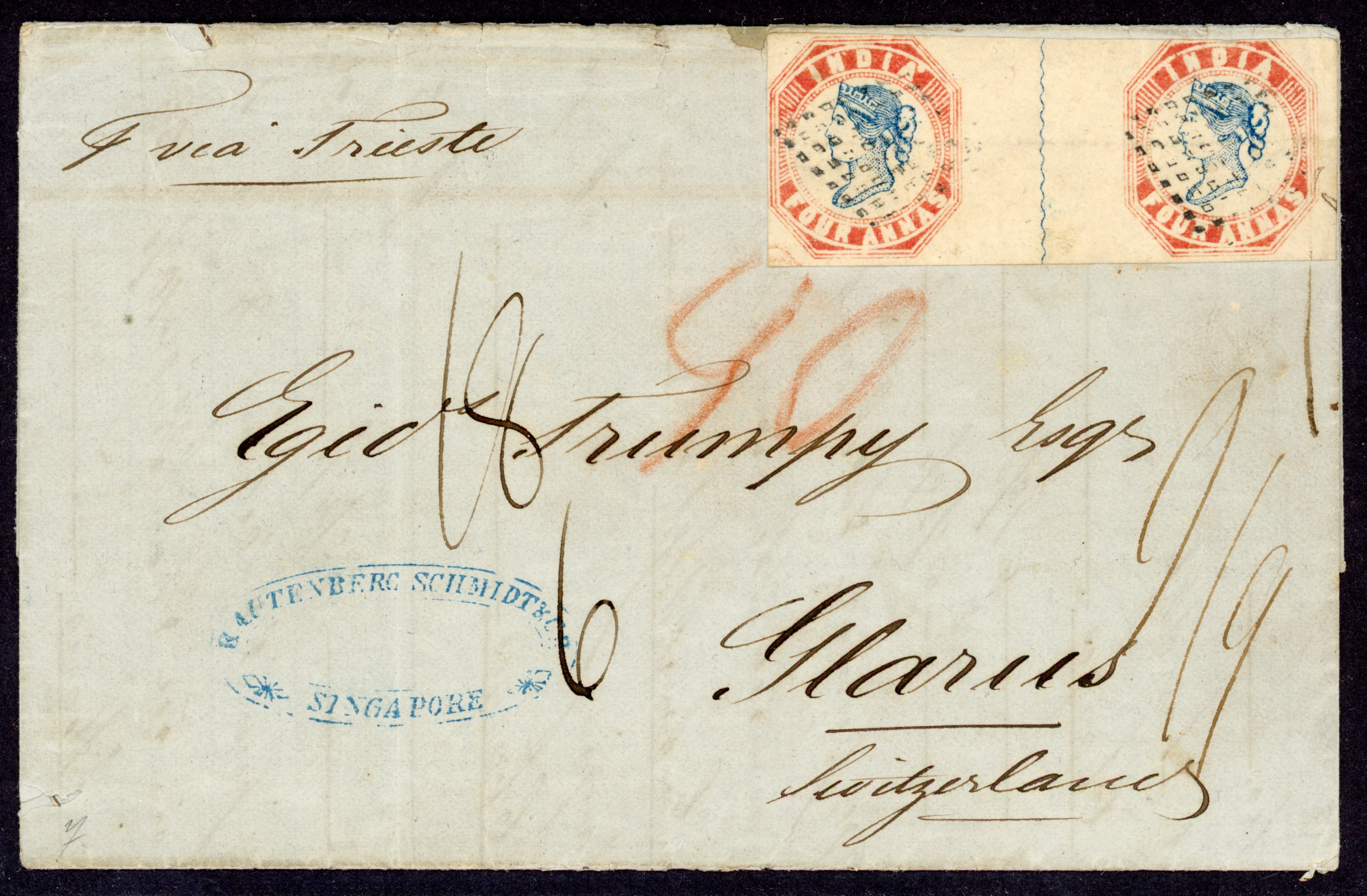 Straits Settlements SG Z66 1855 cover from Singapore to Switzerland with India 4a pair