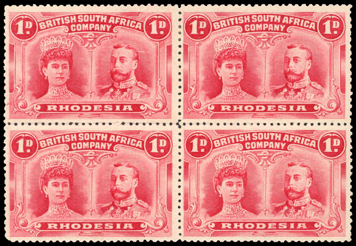 Rhodesia 1910-13 1d bright carmine perf 14 block of 4