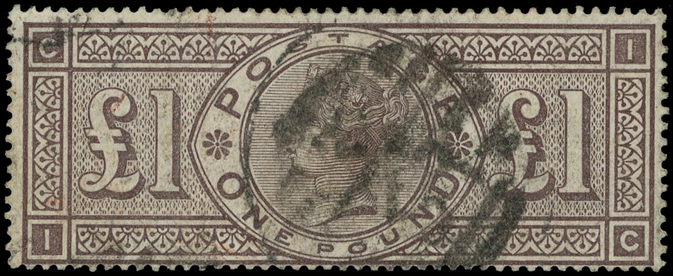 GB: 1884 £1 brown-lilac, central obliterator cancel still a collectable used example. SG 185