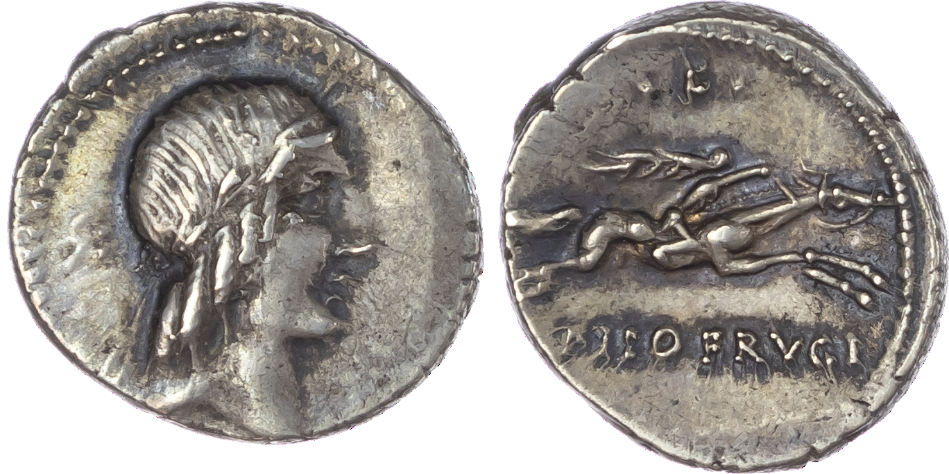 L. Calpurnius Piso Frugi (90 BC) AR Denarius, Rome, 3.84g. Laureate head of Apollo facing right, uncertain symbol behind.