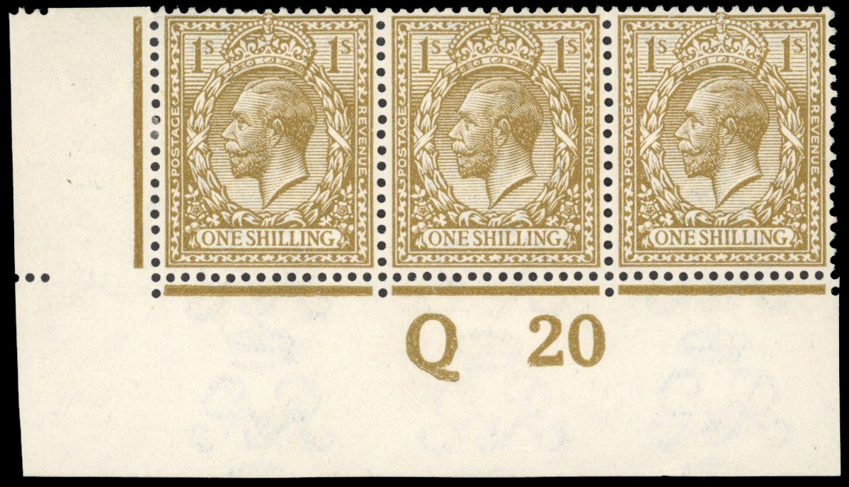GB 1912-24 Royal Cypher 1s yellow-brown control Q20 strip of three, mint large part o.g.