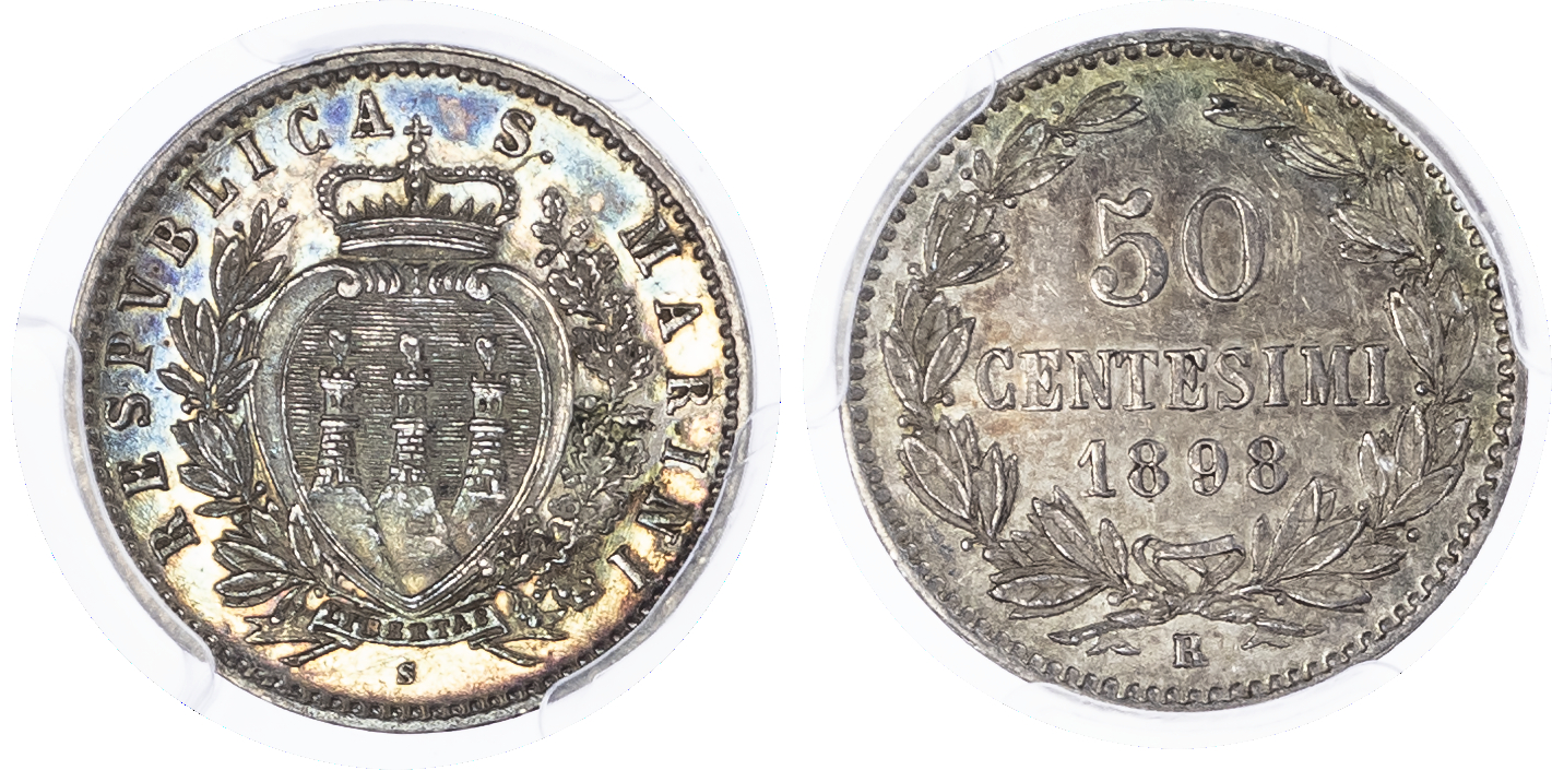 San Marino. Republic  AR 50 Cenesimi. 1898R. 