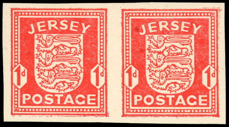 1941 1d Scarlet, Jersey ‘Arms’ issue. Unmounted o.g. imperforate horizontal pair
