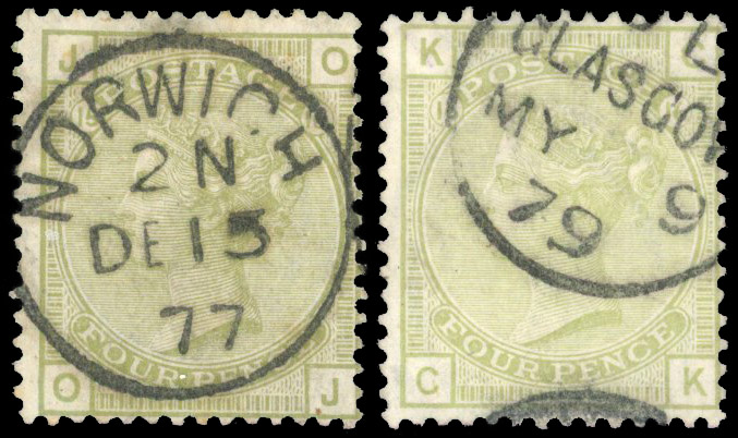 1877 4d Sage green Pl.15 & 16 (Wmk. Inverted). Two cds used examples