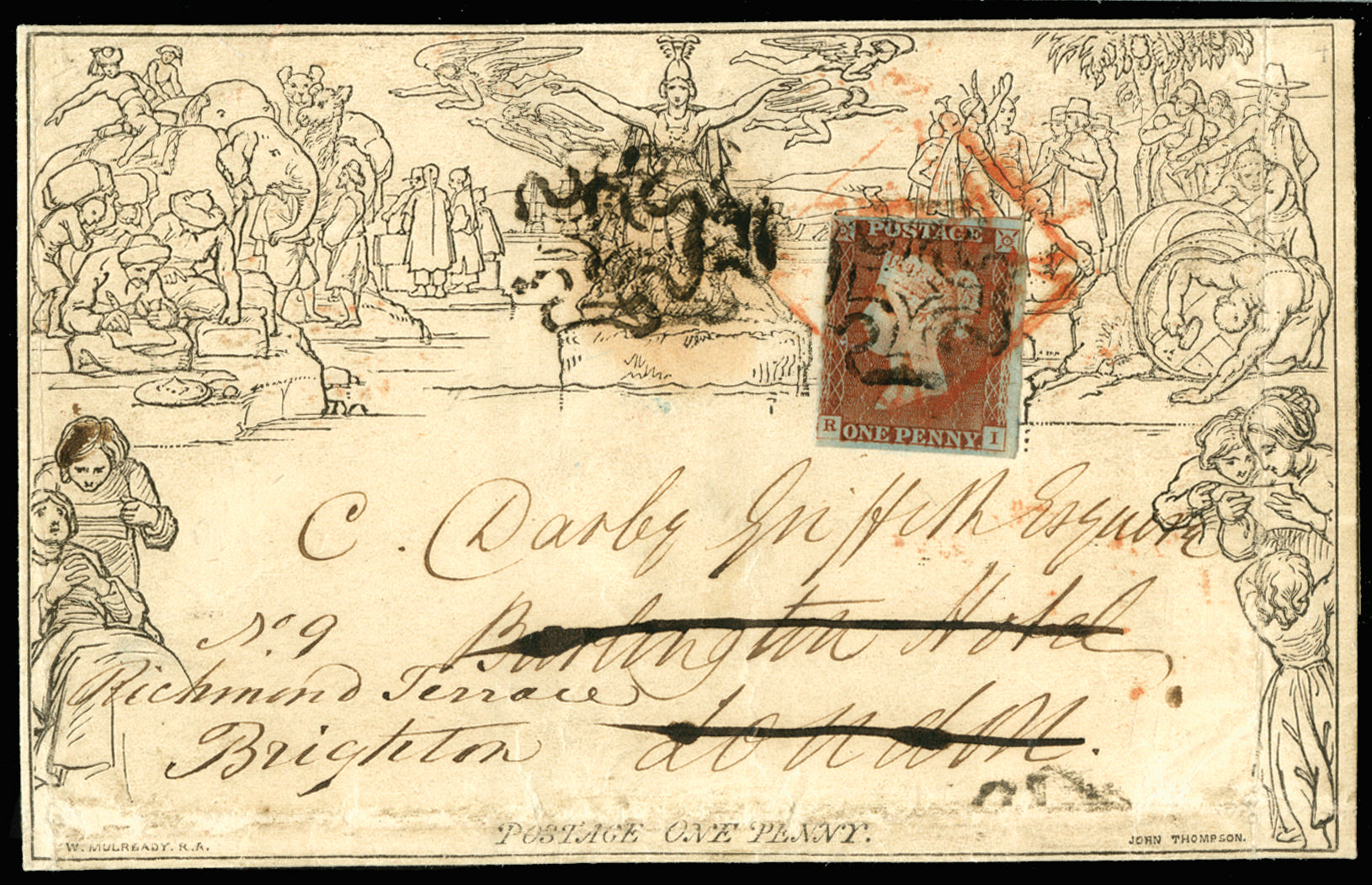 GB 1840 1d Mulready, redirected from London to Brighton