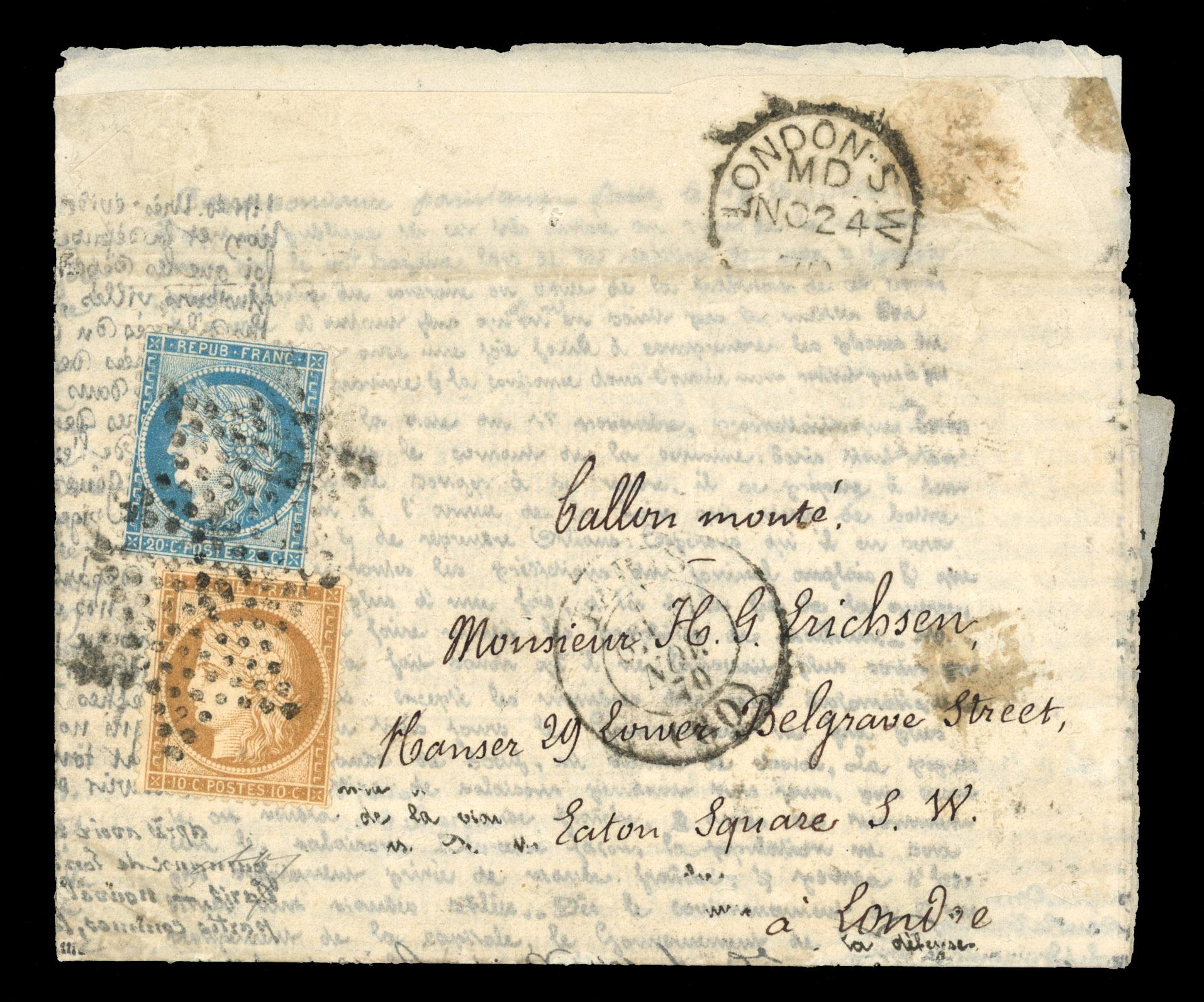 France Ballon Monte 1870 (17 Nov) printed entire to London