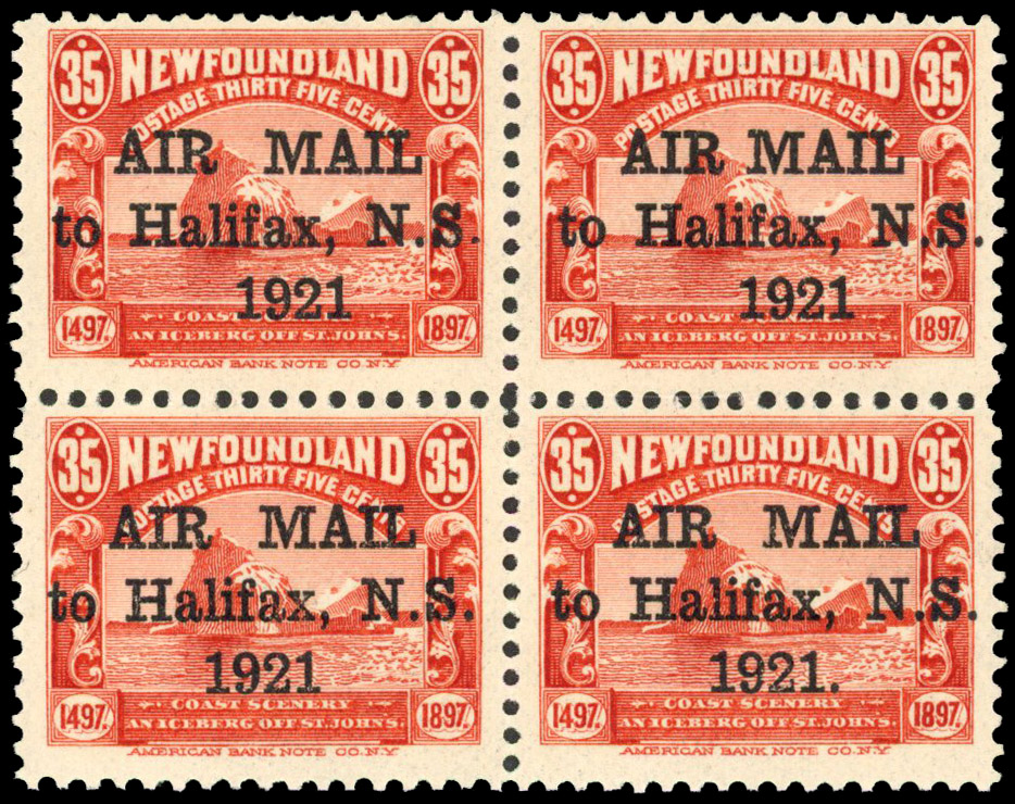 Newfoundland 1921 Air 35c red block of 4 with varieties