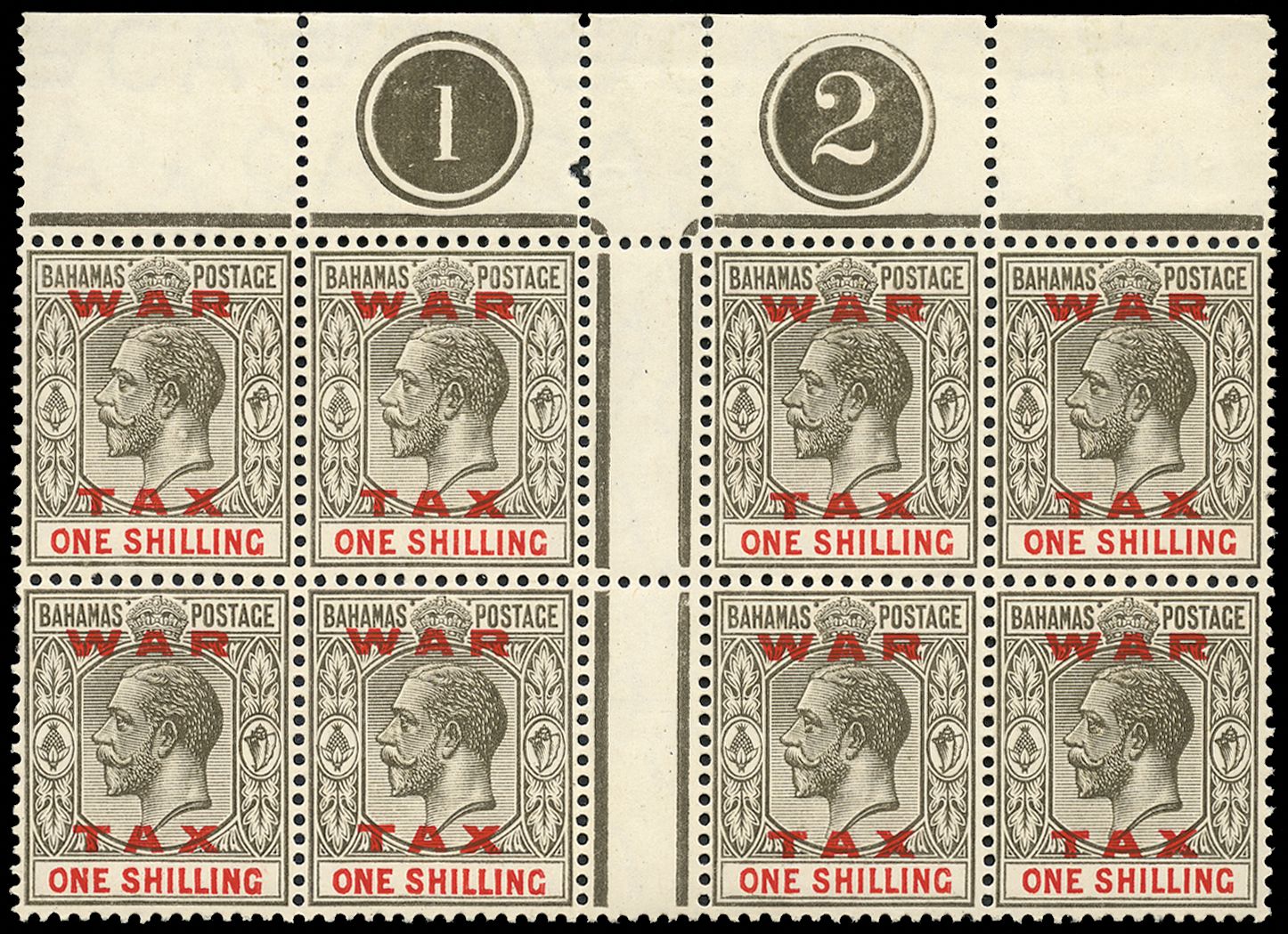 Bahamas 1919 "WAR TAX" 1s grey-black Plate 1 and 2 Block of 8, SG 104.