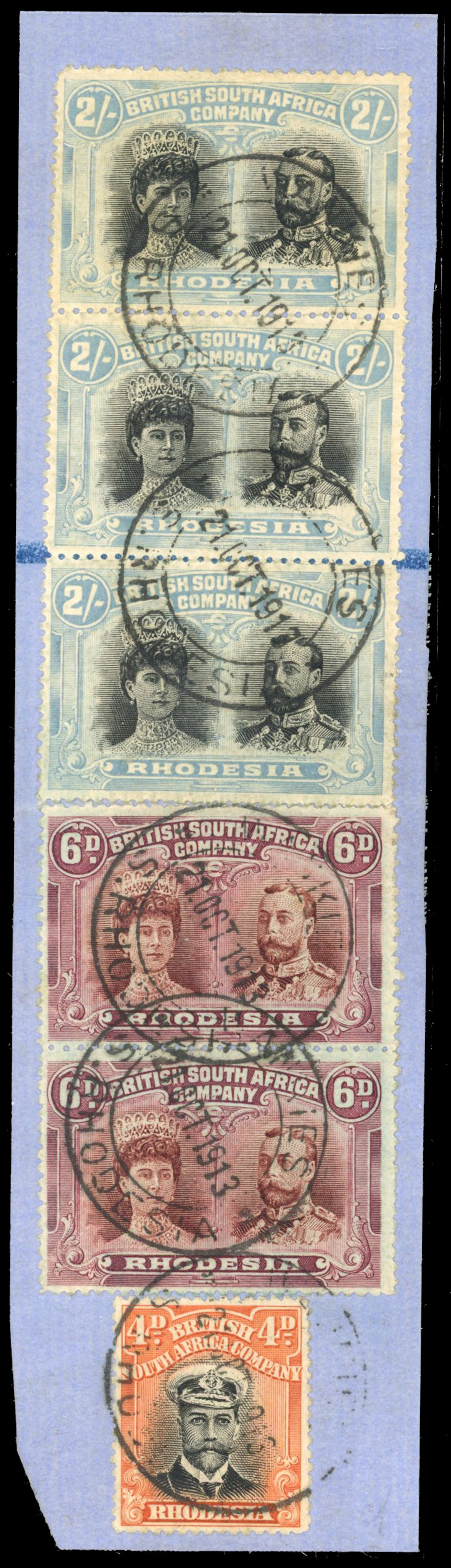 Rhodesia 2/- black and light blue strip + 6d pair and Admiral 3d on piece