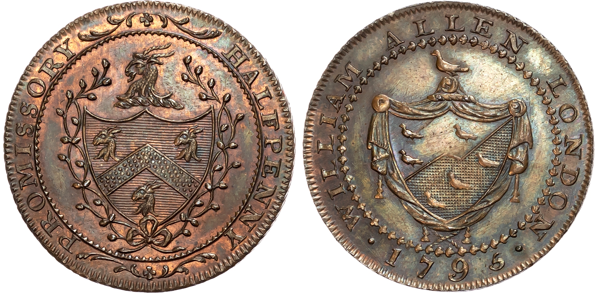 London, Chandos Street, William Allen (shoemaker and seller) Halfpenny 1795, Allen family arms, rev. Cordwainers’ arms, …