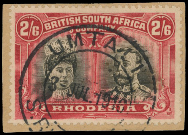 2s6d black and lake SG 155 used on small piece, Umtali DC 3 JUL 1913