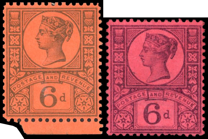 GB 1887-92 6d colour trial (line perf. 14) in green on orange paper, For SG 208