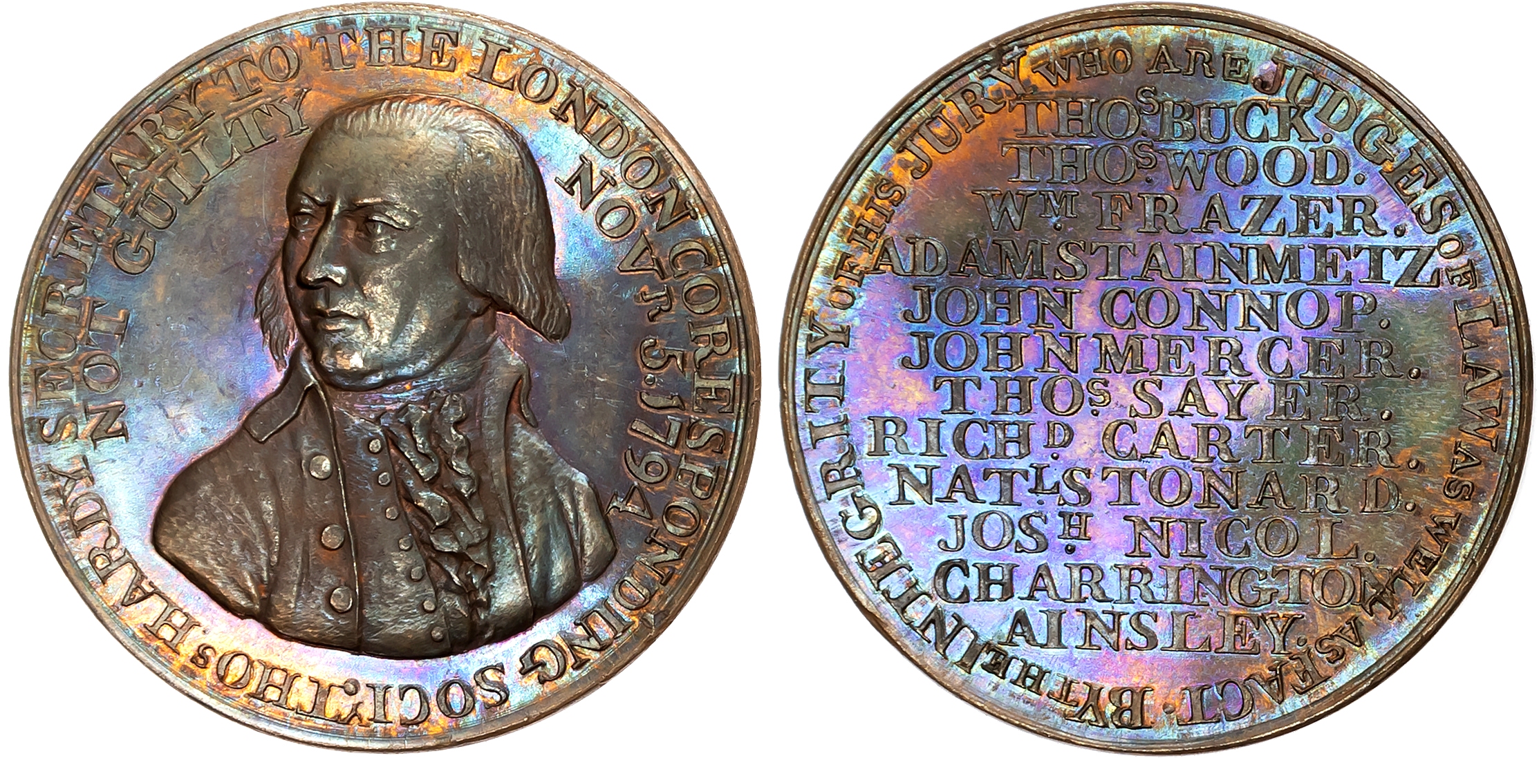 London, Political Series , Thomas Hardy Acquitted, Penny 1794. His bust three-quarters left, rev . names of the jurors, …