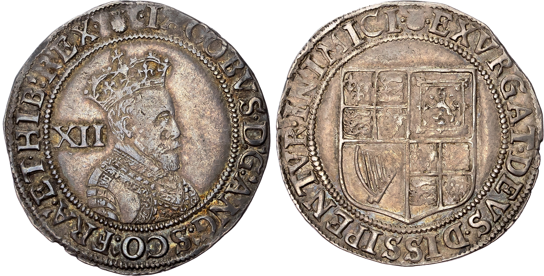 James I (1603-1625), AR shilling, First issue, mm. Thistle (1603-4). First crowned bust right, rev . Royal arms in squar…