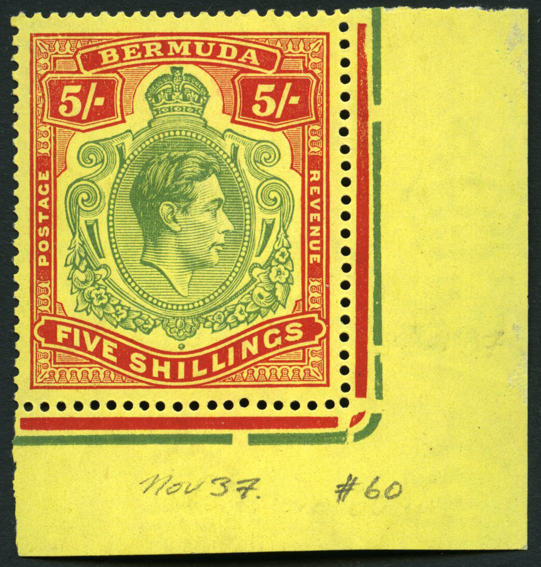 1937 (Nov.) 5/- green and red on yellow paper, corner example, #60, large part o.g.  SG 118, cat...