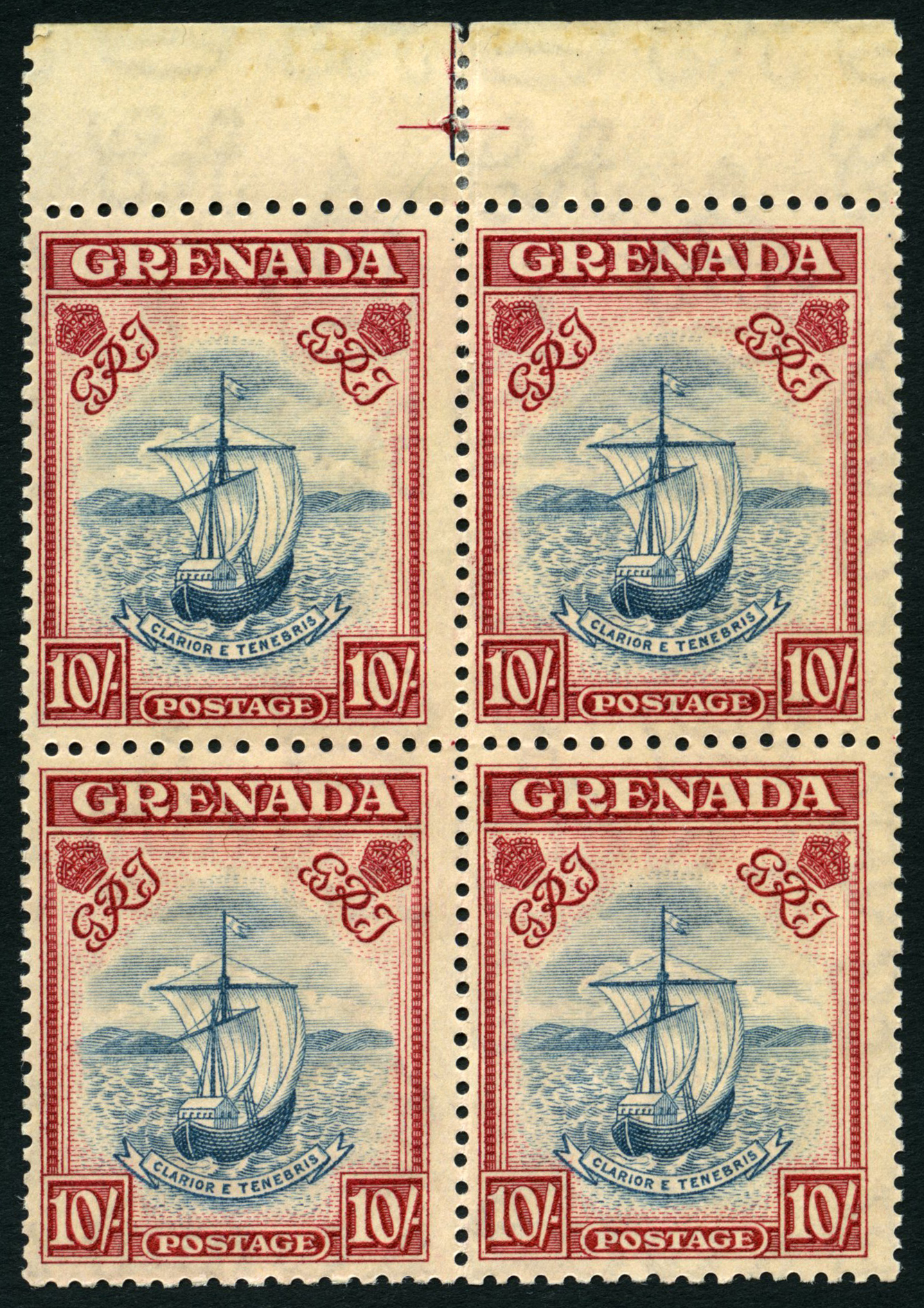 1938 10/- perf 12 x 13 top marginal block of four with central sheet markings on selvedge, hinged on selvedge only, with...