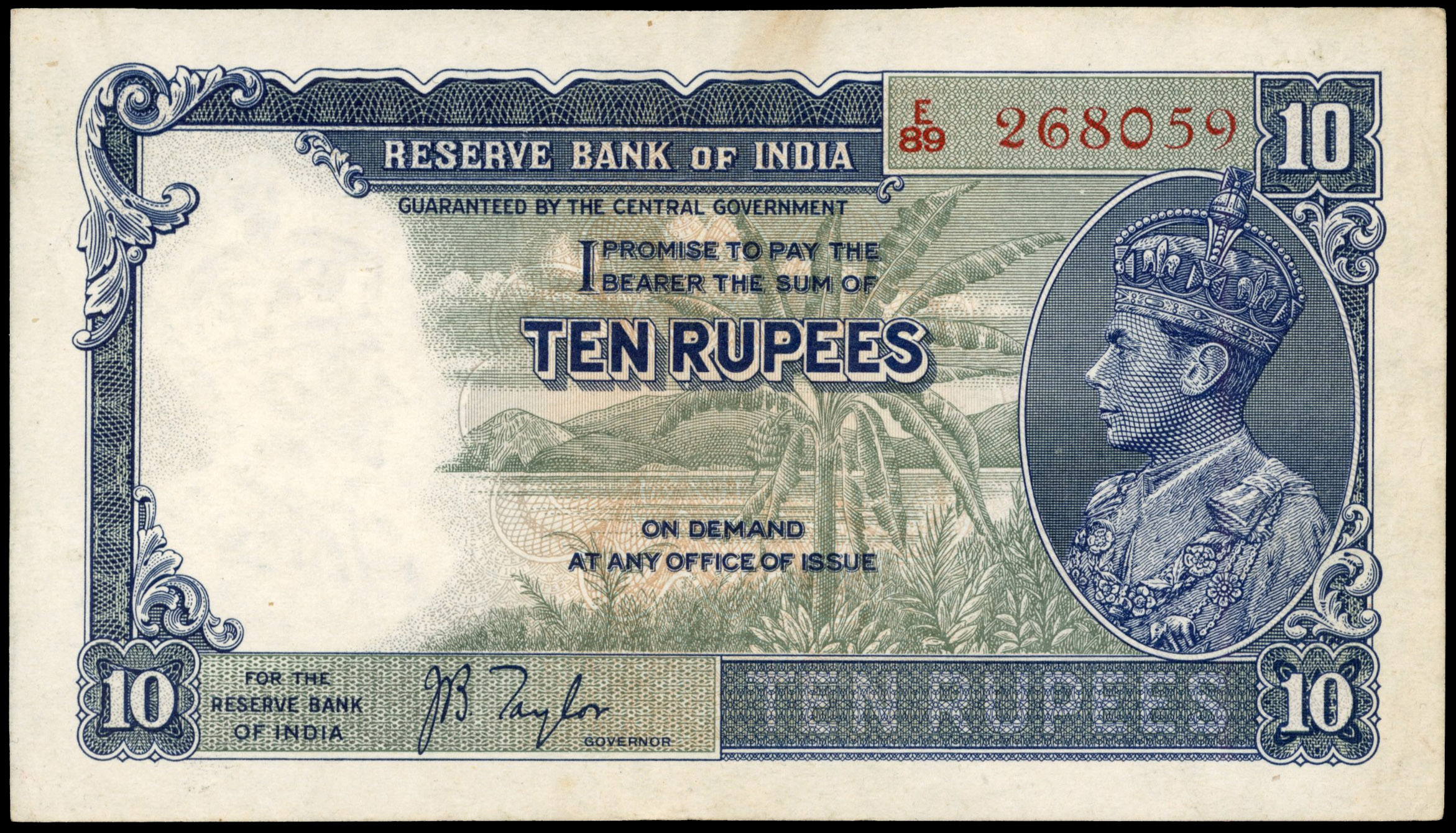 India, Reserve Bank of India, 10 Rupees, ND (1937), serial number E/89 268059, Taylor signature, (Pick 19a). G…