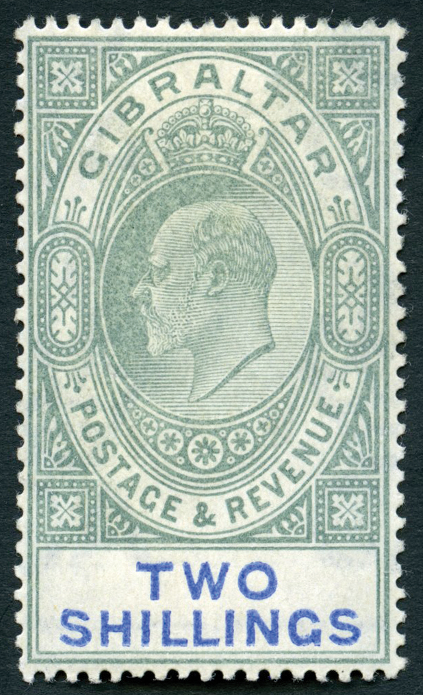 1903 2/- green and blue part o.g., showing a prominent variety, distorted first 'S' in SHILLINGS.  SG...