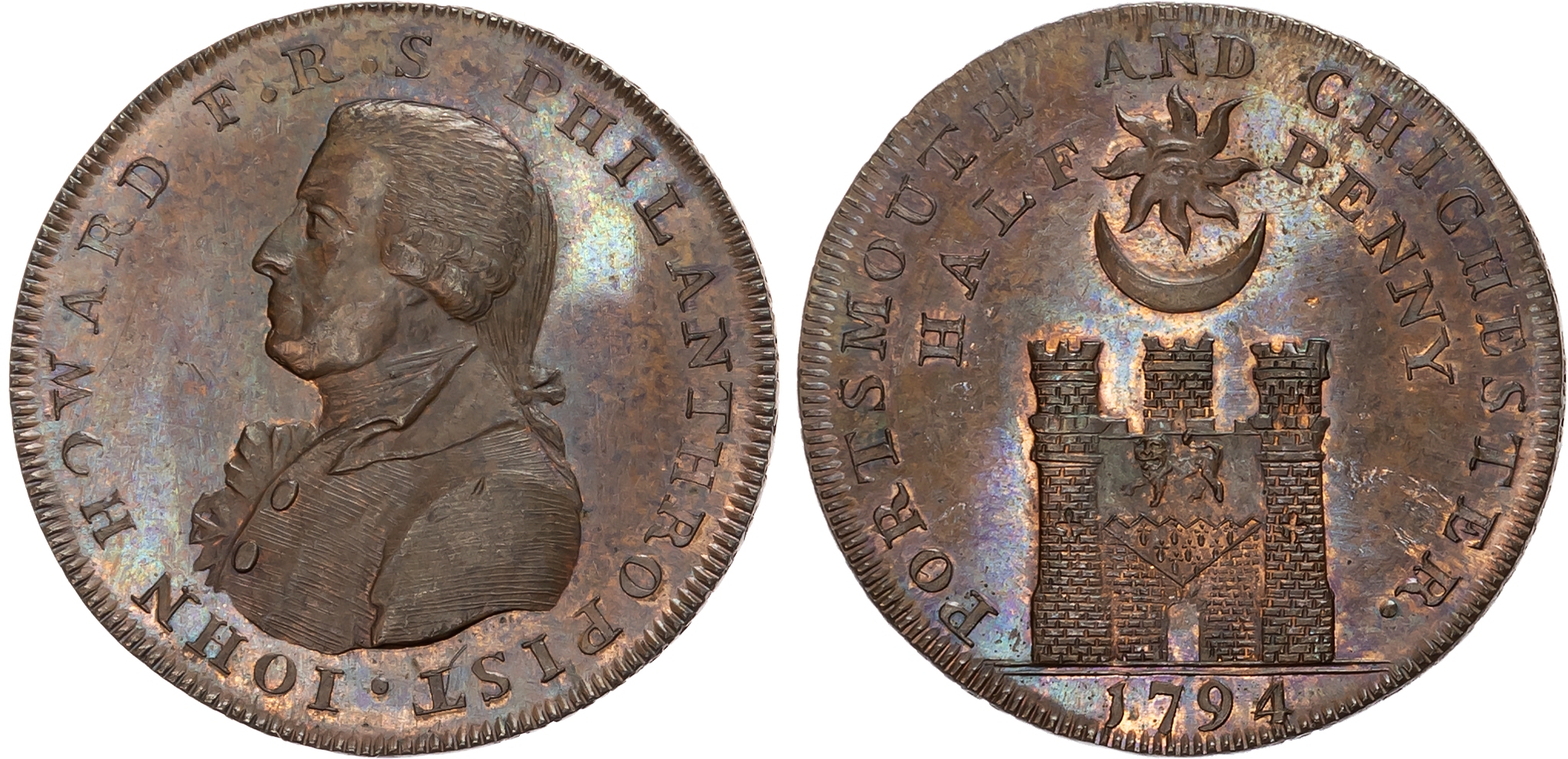 Hants/Suss. Portsmouth and Chichester, T Sharp (Mercer) & T Chaldecott (Silversmith) Halfpenny 1794. Bust left of the pr …