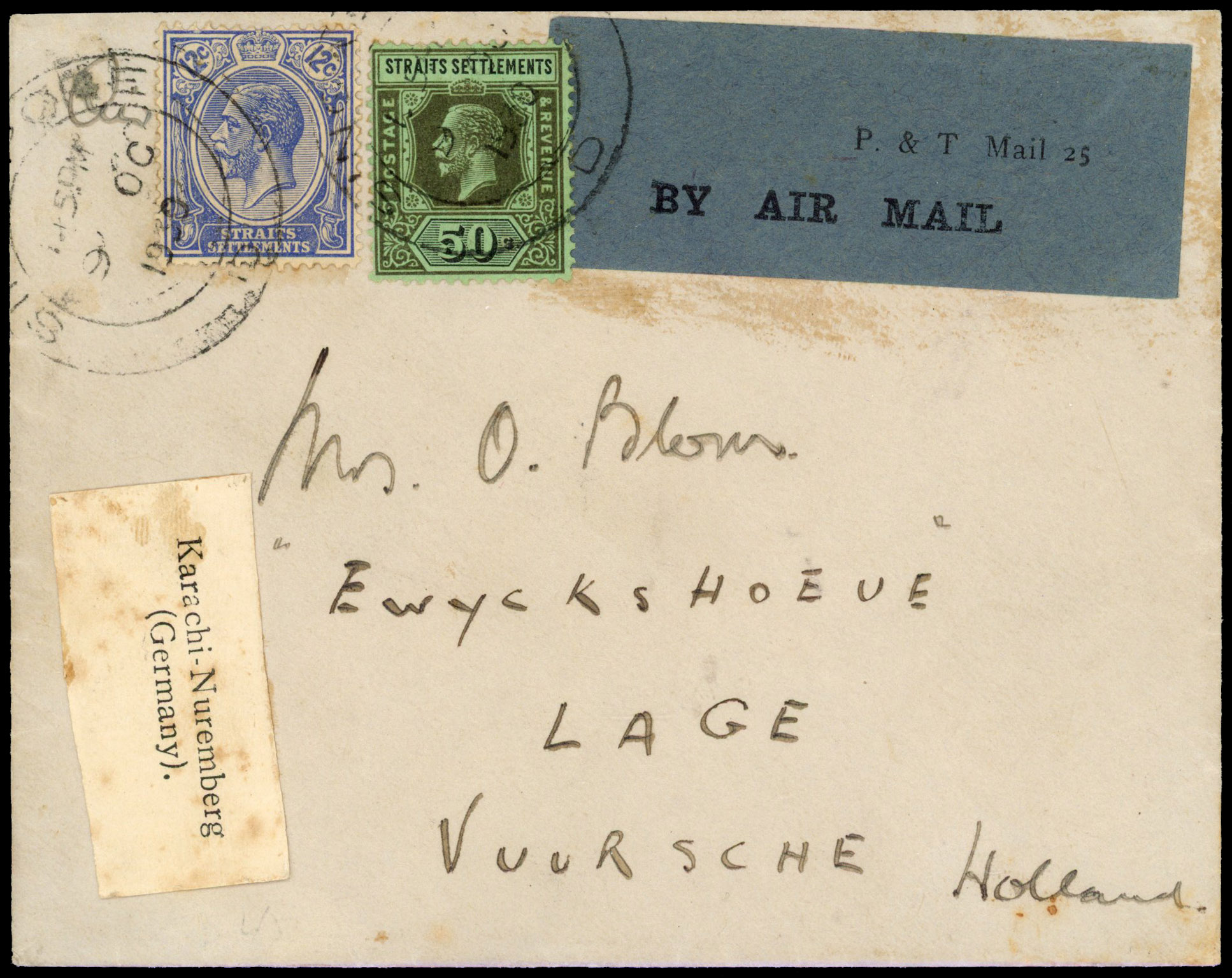 Straits Settlements 1930 airmail cover to Holland via Karachi-Nuremberg