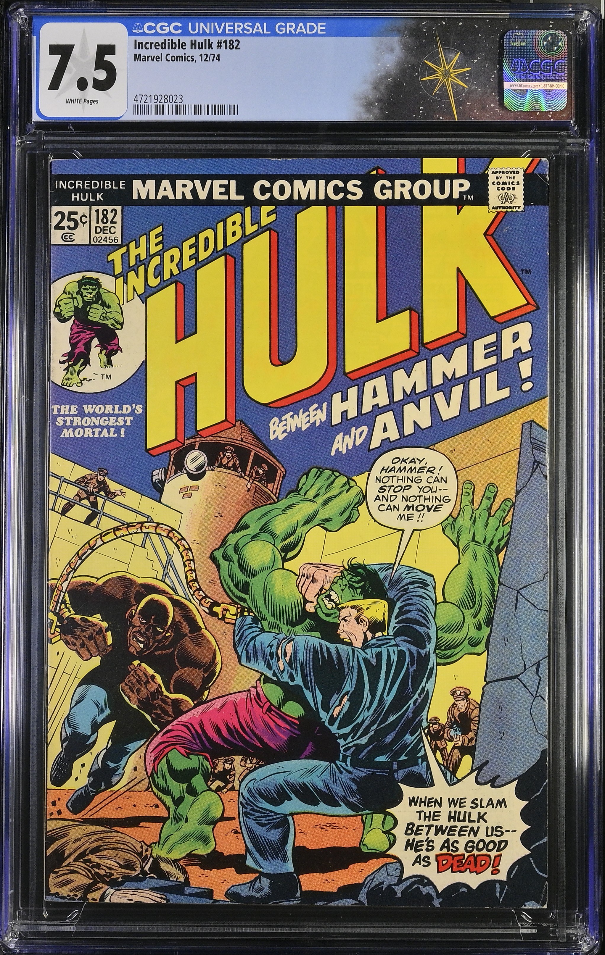 Incredible Hulk #182 CGC 7.5 "Between Hammer and Anvil!" 1st Appearance of Hammer & Anvil (Marvel Comics, 1974) White Pages