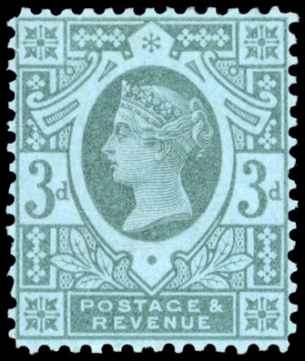 GB 1887-92 3d colour trial in green on blue, Crown watermarked paper, For SG 202