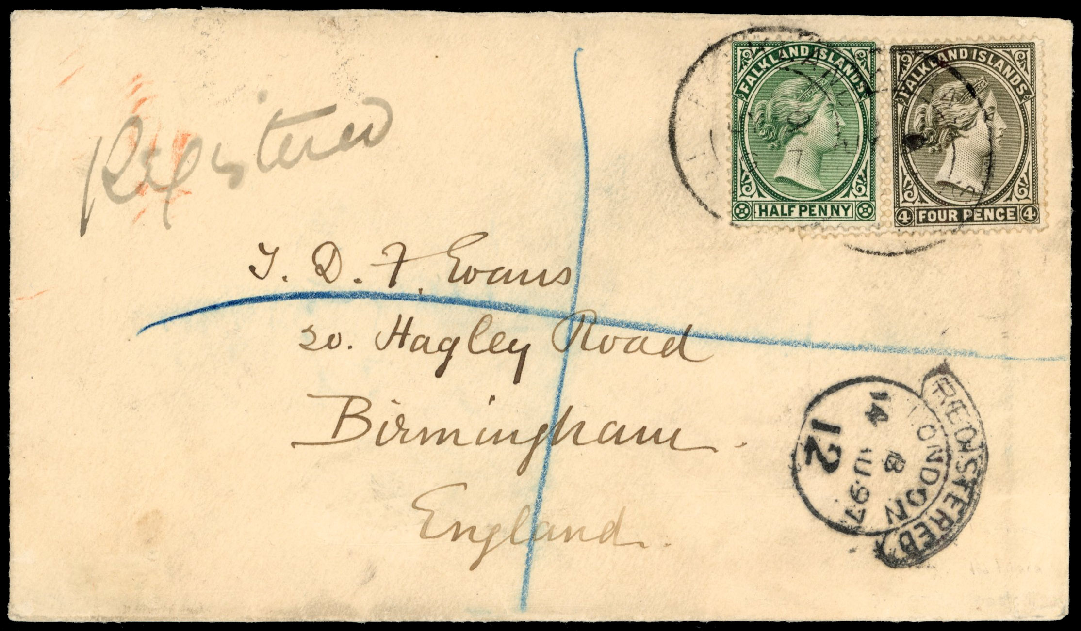 Falkland Islands 1897 registered envelope to Birmingham, ½d reversed watermark
