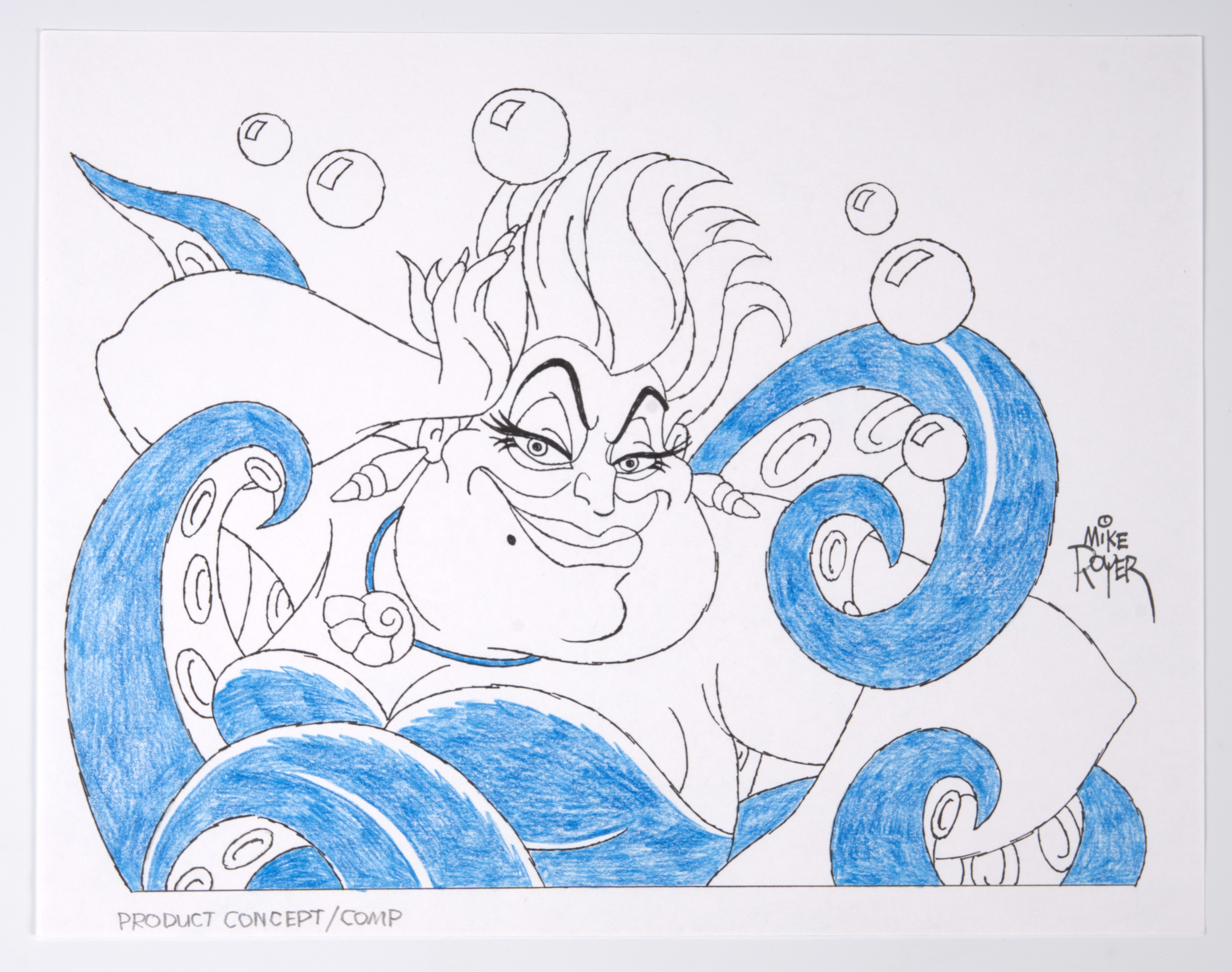 Mike Royer Three Original Pen and Ink Concept and Fashion Artwork Of Disney Ursula, Aladdin, Aboo and Genie And Peter Pan