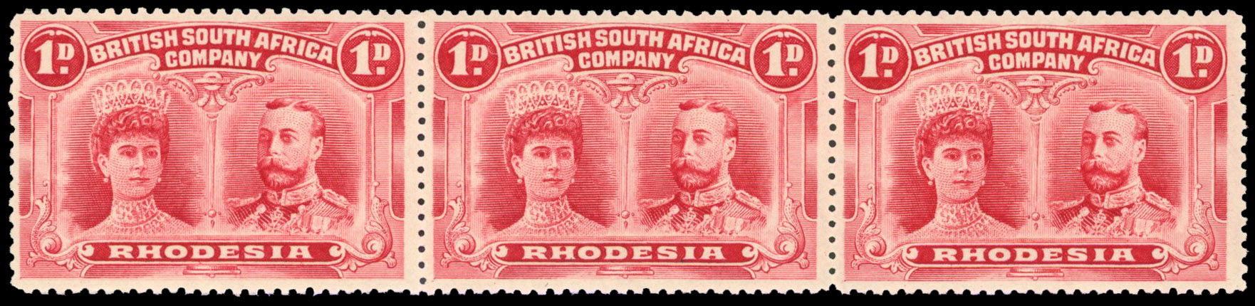 Rhodesia 1910-13 1d carmine-red perf 14 strip of 3