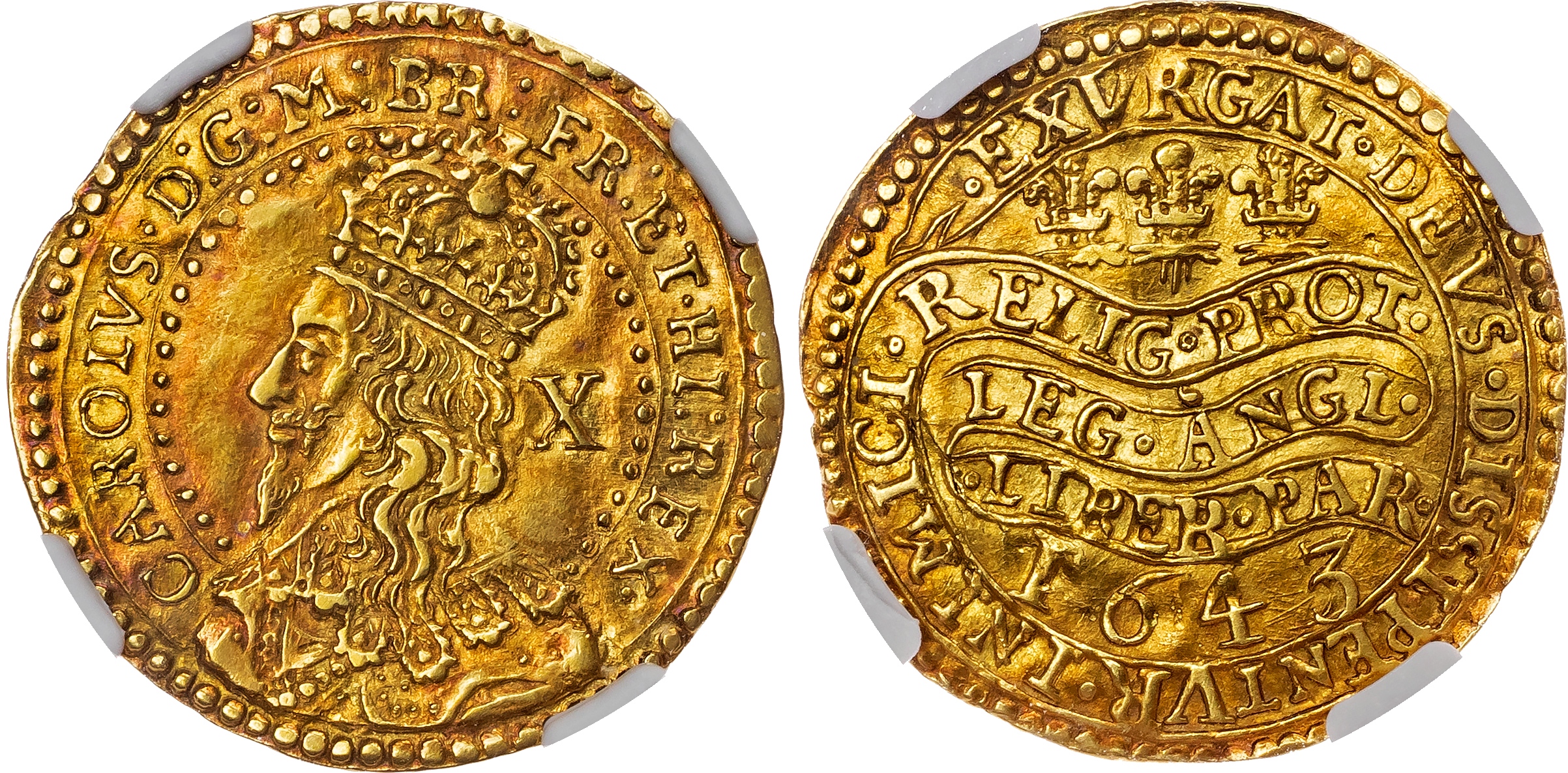 Charles I (1625-1649), AR Half Unite, 1643, Civil War Issue, Oxford mint. NGC AU 58 (Second Highest Graded)