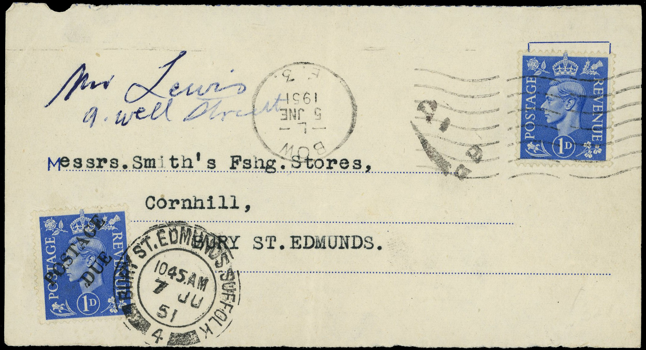 GB 1951 Bury St Edmunds Postage Due cover front