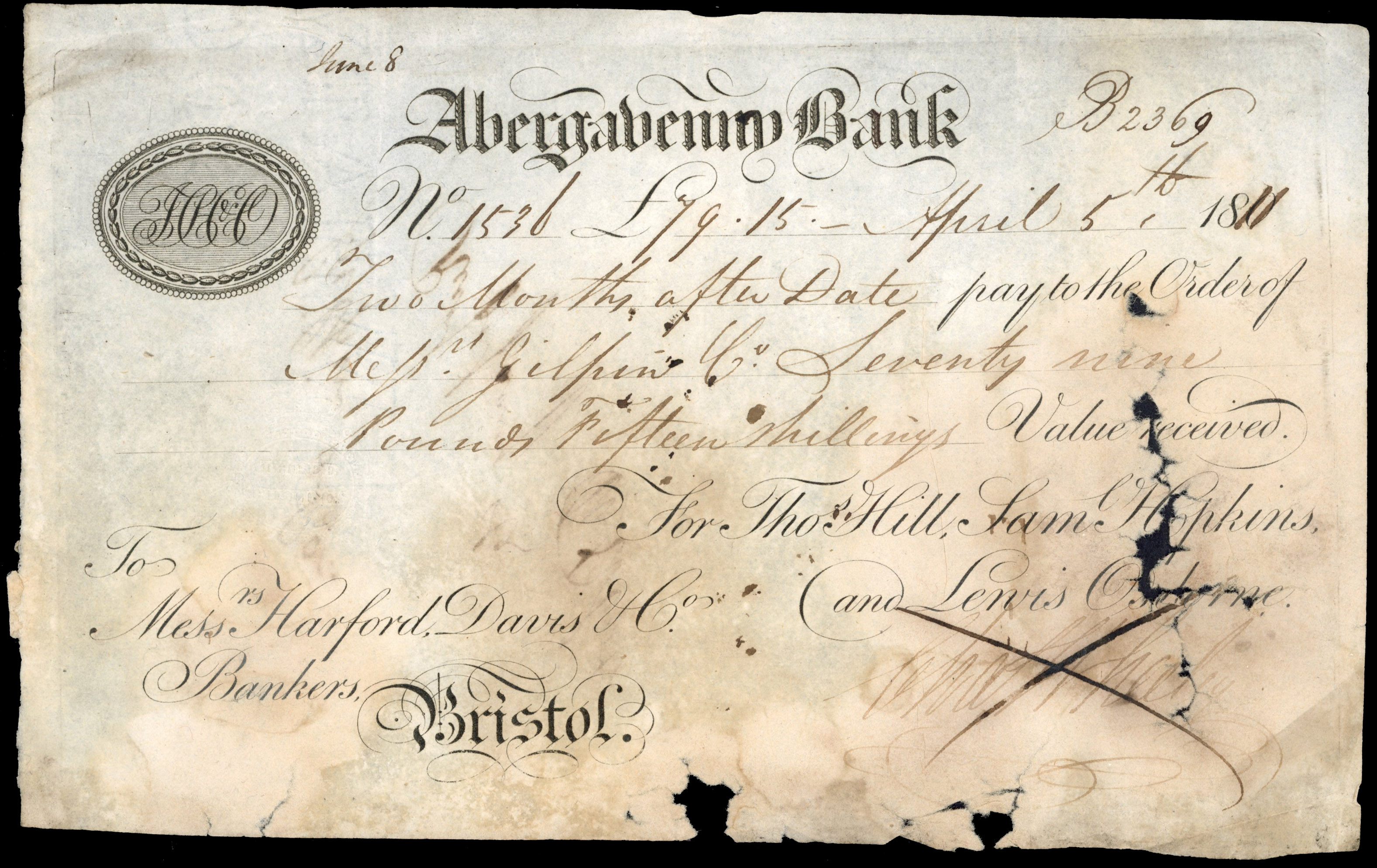 ABERGAVENNY, No trading name, for Thos Hill, Sam Hopkins, & Lewis Osborne to bankers Harford Davis & Co., Bris…