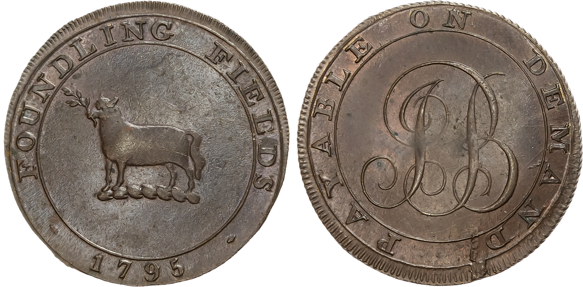 London, Coram’s Fields , James Burton (for the Foundling Hospital?) Halfpenny 1795, Lamb left, in its mouth an olive spr …
