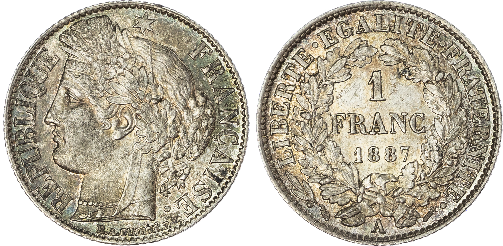 France, Third Republic AR Franc. Paris mint, 1887A.