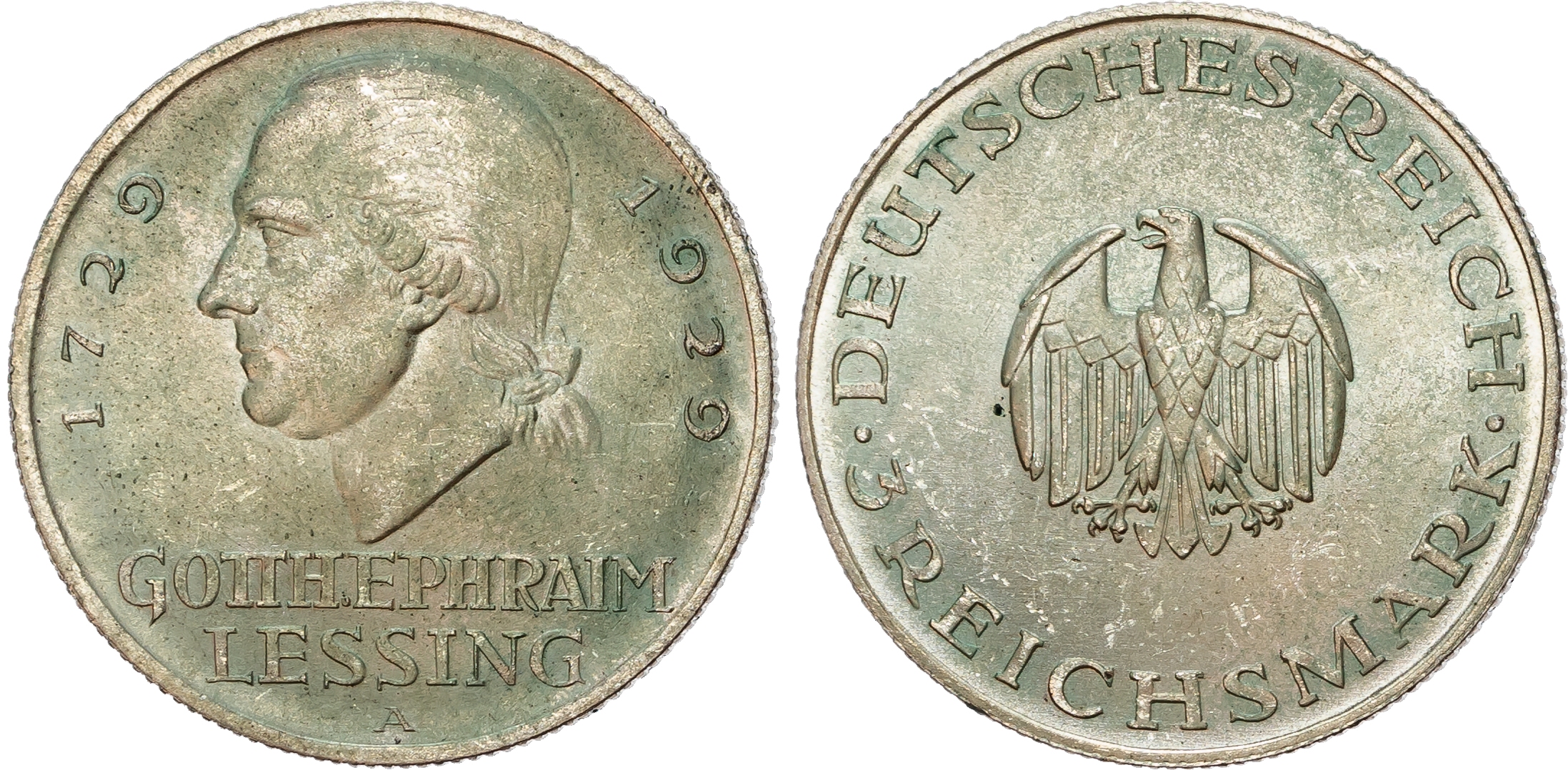 Germany, Weimar Republic (1913-1933), 200th Anniversary of Gotthold Lessing, silver 5 Reichsmark and 3 Reichsmark (2).