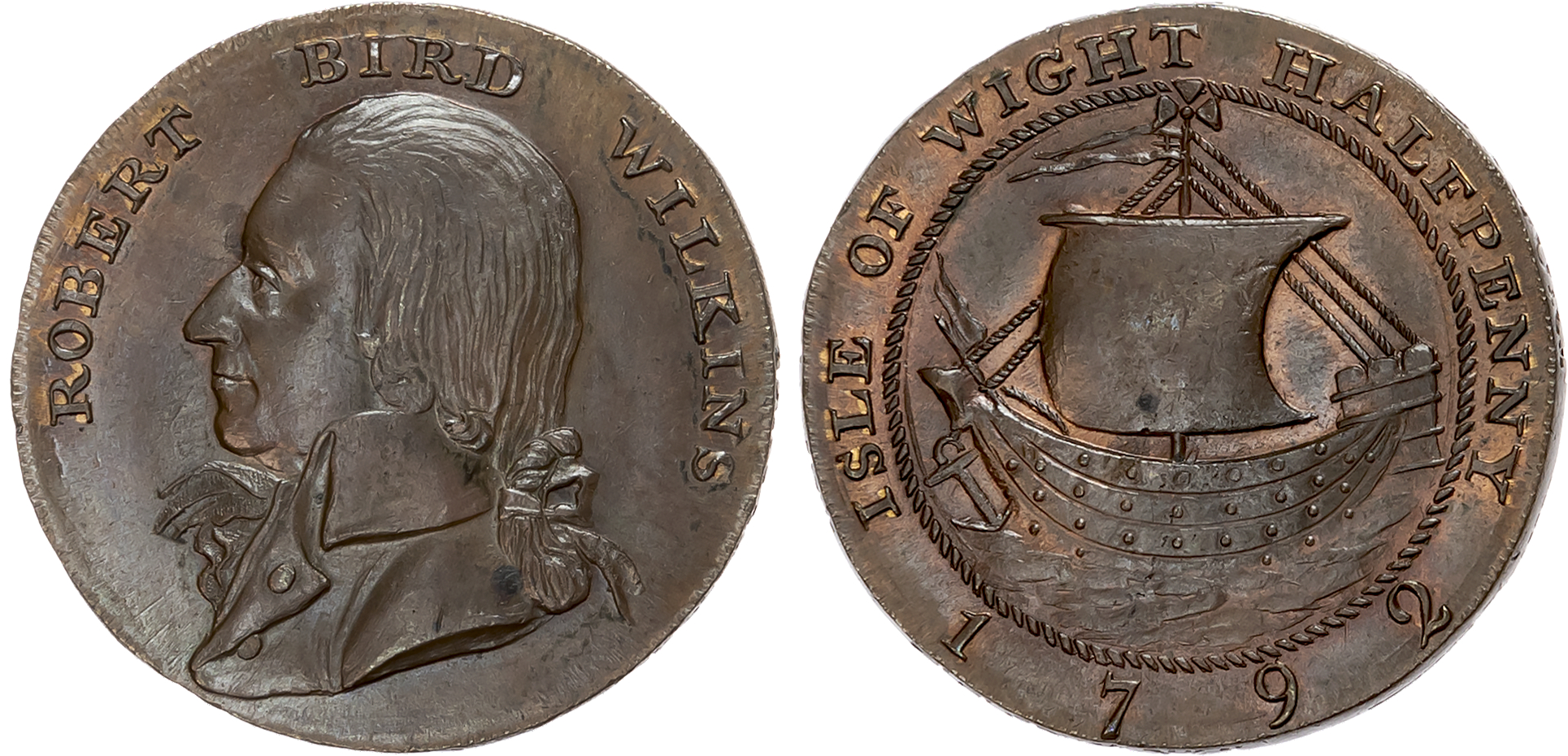 Hants.  Newport, Isle of Wight, Robert Wilkins (Ironmonger) Halfpenny 1792, bust left of Wilkins, rev . Arms of Newport  …