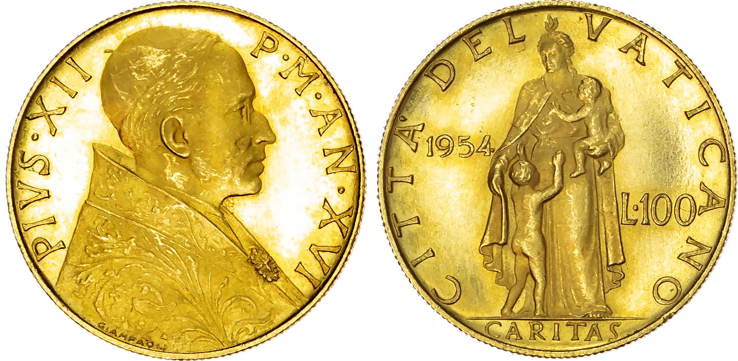 Vatican City, Pius XII (1939-1958), gold 100 Lire, 1954