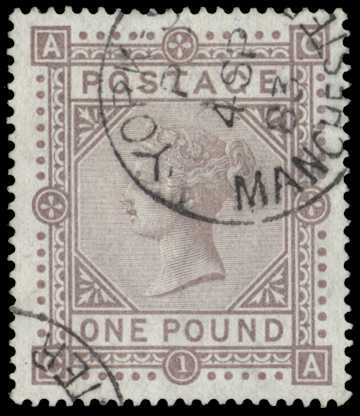 1882 £1 brown-lilac pl.1 (Blued paper). Very fine used example lettered CA, beautifully cancelled by crisp York...