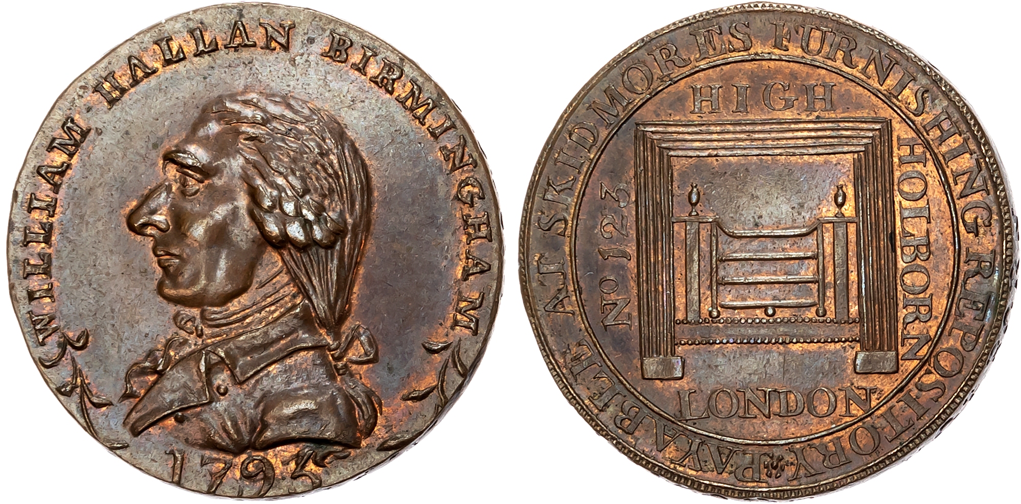 London, High Holborn, Skidmore’s mule (William Hallan, Birmingham) Halfpenny 1793, Register Stove, rev. Bust to left of …