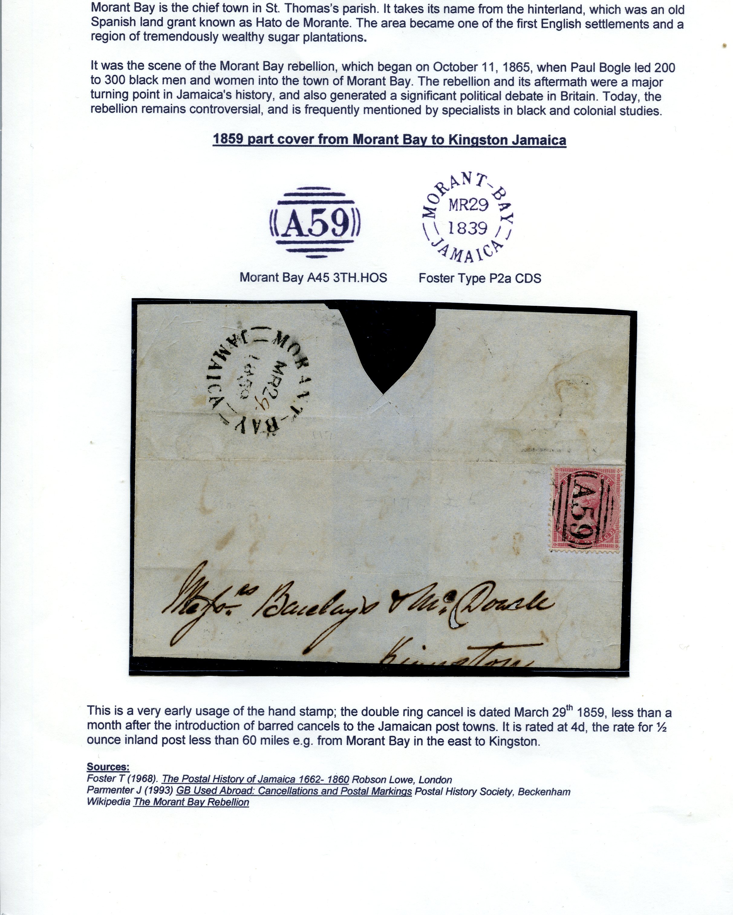 GB USED ABROAD: 1859 Morant Bay “A59” numeral...