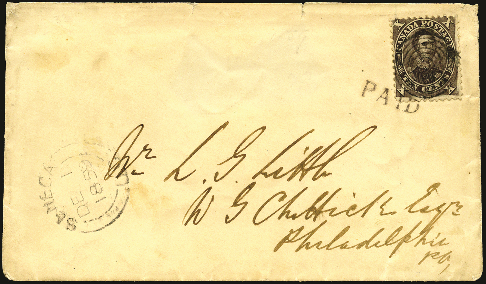 Canada 1859 cover from Seneca to Philadelphia 10c 'Prince Consort' SG 33 