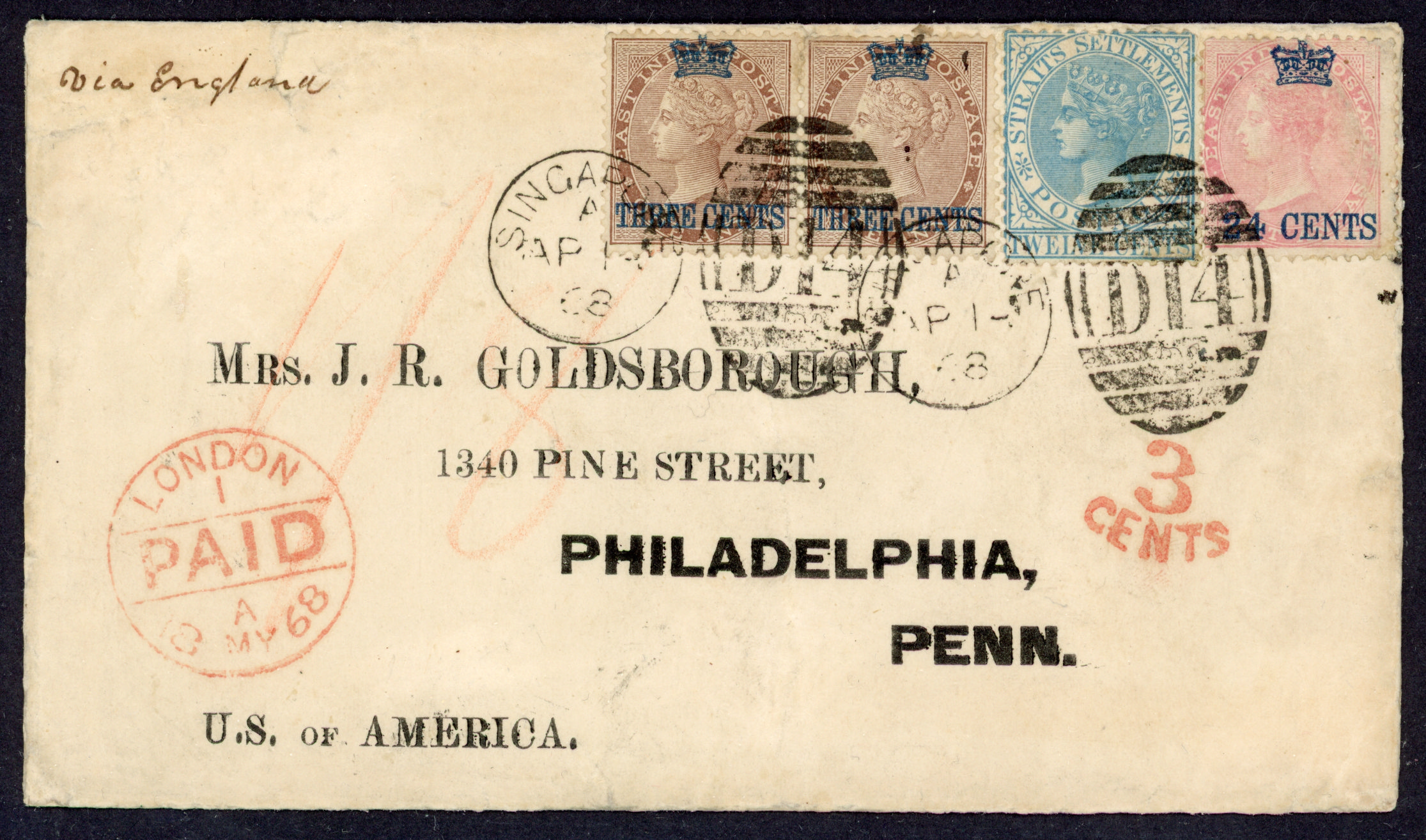 Straits Settlements SG 3, 8, 15 1868 cover from Singapore to Philadeliphia 42c rate